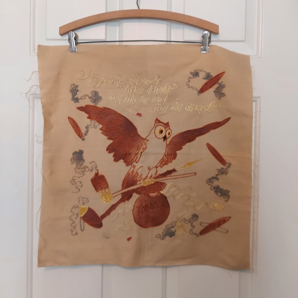 Vintage Hand Embroidered Smoking Owl Tobacco Folk Art Textile Panel 21x22
